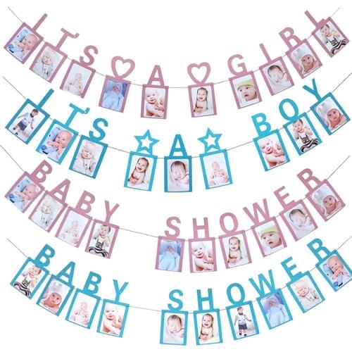 Baby Shower Photo Frame Banner First Happy Birthday Girl Boy Party Decorations 1st One Year Birthday Banners Supplies Pink Blue