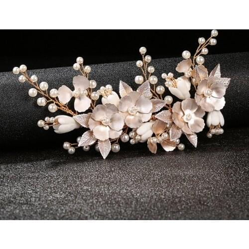 Luxury leaf indian jewelry flowers golden imitation pearl hair comb clip bride hair accessories