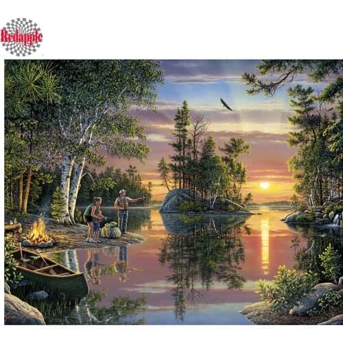 Diamond rhinestones Natural river view diamond painting Family fishing sunset landscape diamond mosaic cross stitch full display