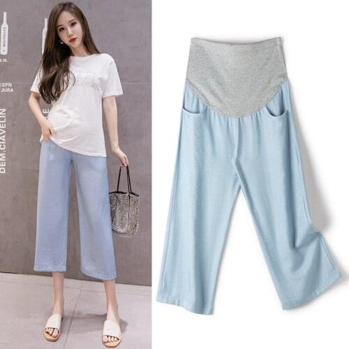 Thin Blue Loose Maternity Trousers Crop Pants for Pregnant Women Clothes Wide Leg Pants Pregnancy Spring Summer Casual Clothing