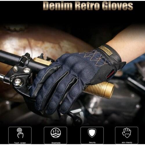 Vintage Denim Leather Gloves Motorcycle Motorbike Full Finger Touch Screen Non-slip Gloves