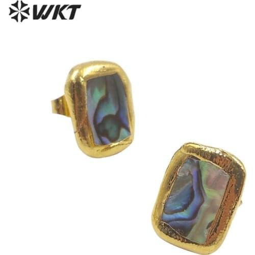 WT-E602 Newest hot long square abalone studs gold trim small fashion lady shell studs bohemian style abalone studs