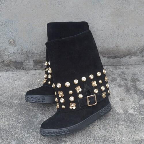8CM Wedge Women Knee High Boots Slip-on Over Lady Motorcycle Folder Boots Height Increasing Woman Gold Pearl Beaded Boots