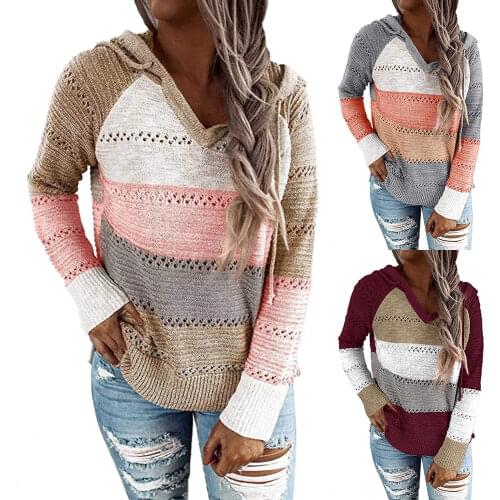 European and American long-sleeved loose fashion color striped knitted hooded sweater women stitching knitted sweater