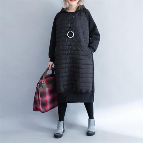 Winter Cotton Clothing Fashion 2020 New Patchwork Batwing Sleeves Loose Hooded Dresses Women Casual Solid Color Oversized Dress