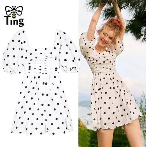 Tingfly Vintage Elegant Square Collar Polka Dot Puff Sleeve Mini Short Dress Summer Fashion Boho Street Casual Vestidos Elbise