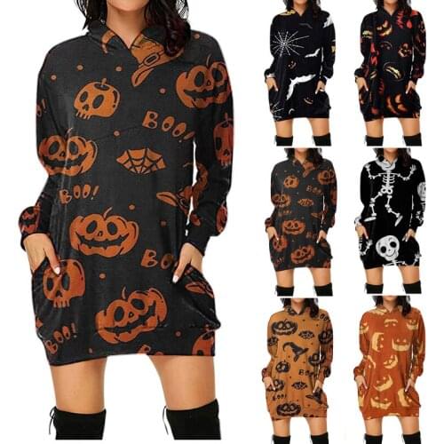 2021 Halloween Scary Pumpkin Printed Hoodie Dress for Women Sweatshirt Pullover Round Neck Veste Femme Loose Mini Dresses