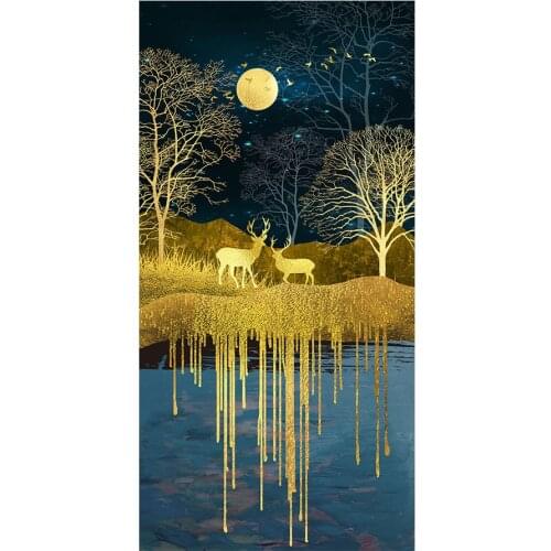 Golden Tree Night Lake Deer Diamond Painting Animal Scenic Round Full Drill DIY Mosaic Embroidery 5D Cross Stitch Nouveaute Gift