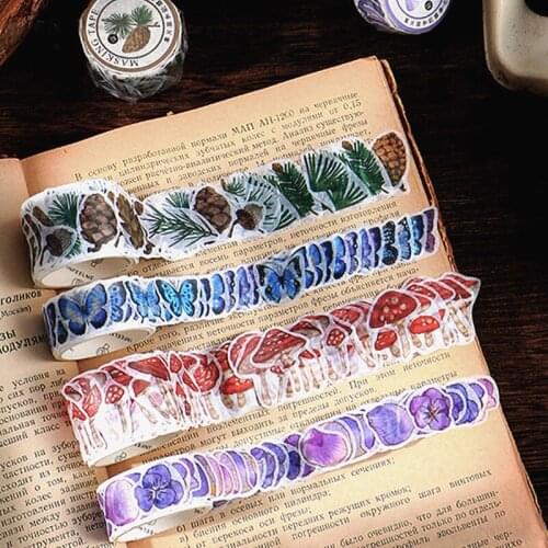 100pcs/roll Butterfly Washi Tape Mushroom Flower Decorative Adhesive Paper Tape DIY Scrapbooking Diary Sticker Label Stationery