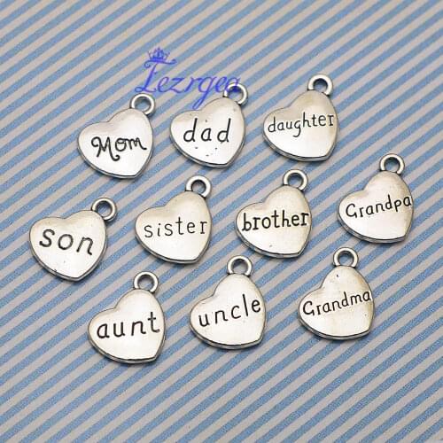 15pcs/lot--15x18mm, Antique silver plated Heart Grandpa,Grandma,Daughter,Son,Mon,Dad,Brother,Sister Letter charms,DIY supplies
