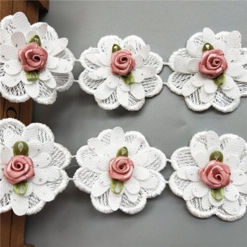 5/10/20 Polyester Multi-layer Pink Rose Flower Embroidered Lace Trim Ribbon Fabric Sewing Supplies Craft, DIY Handmade Materials