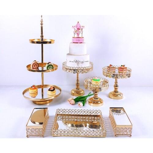 7-9pcs Gold Mirror Metal Cake Stand Round Cupcake Wedding Birthday Party Dessert Pedestal Display Plate Home Decor
