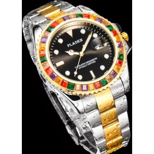 PLADEN Rainbow Diamond Mens Watches GMT Luminous Luxury Quartz Wristwatch Gold And Silver AAA Waterproof Classical Richard
