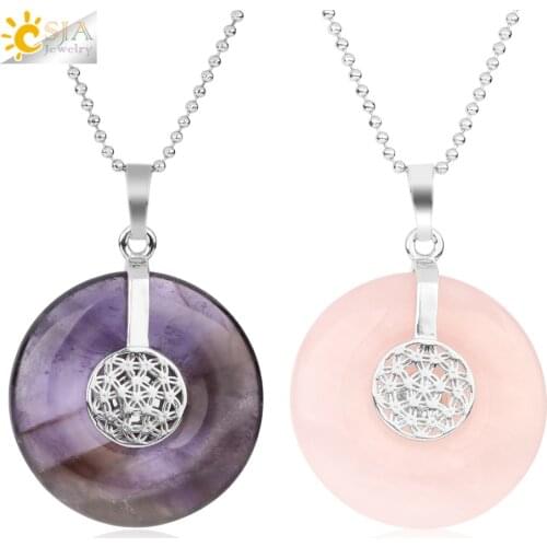 CSJA Natural Stone Flower of Life Pendants Necklaces Crystal Healing Energy Balance Bead Geometric Symbol Women Men Jewelry G140