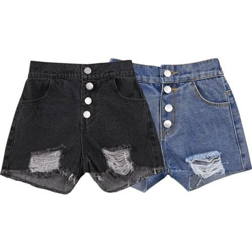 Citgeett Summer Kids Girls Casual Jeans Ripped Holes Solid Color Denim Clothes Shorts Dark Blue/ Black Clothing