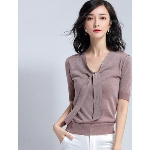 Women Glitter Shinny Bow Tie Neck Knitted Short Sleeve Thin Sweaters Pullover Spring Summer Bling Lurex Sweater Crop Tops New