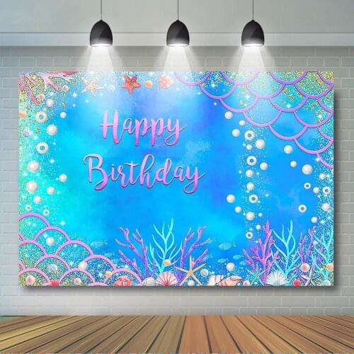 Under the Sea Mermaid Backdrop Girls Birthday Party Decoration Pearls and Gold Glitter Coral Blue Background