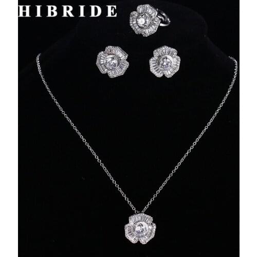 HIBRIDE New Flower Shape Necklace Earrings Ring Jewelry Sets Cubic Zirconia White Gold Color Fashion Jewelry Wedding Gifts N-174