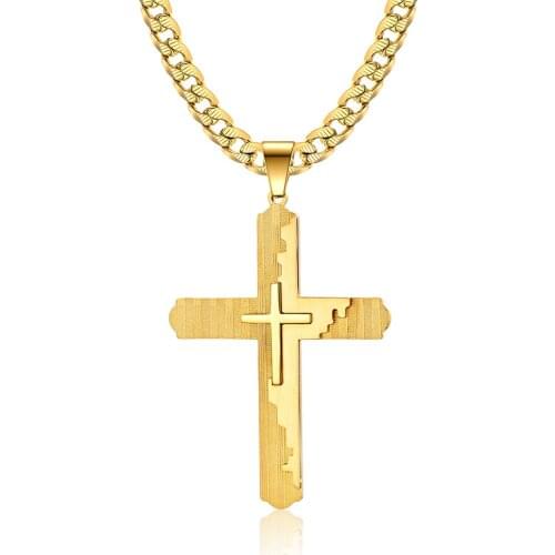 Cross pendant, street style three-layer cross cross, exaggerated gold-plated Cuban chain, popular titanium steel necklace