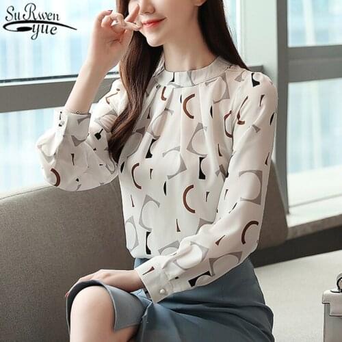 Fashion Womens Tops Long Sleeve Shirts Ladies Top Blusas Mujer Korean Clothing Chiffon Blouse Printed White Shirt Feminine 10858