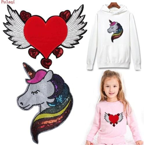 Pulaqi Unicorn Patches Red Heart Sequins Patch For Clothing Appliques Fabric Womens T-shirt Dress Stickers On Clothes Accessory