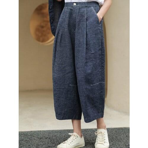 2021 autumn new womens wear pure linen denim blue semi elastic loose eight point radish pants 0902-9
