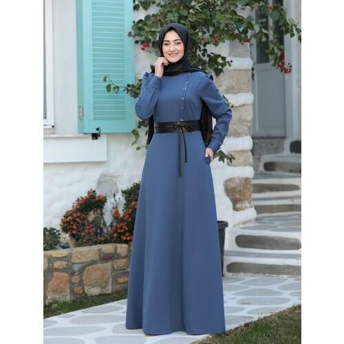 New Season Women Long Dress Islamic Muslim Hijab Clothing Crepe Fabric with Leather Belt and Pocket Detail Made in Turkey