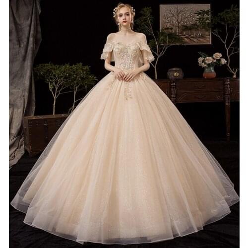 New Ball Gowns Boat NECK Light Champagne bling Beads Wedding Dresses 2021 Lace Up Back Luxury Women Dress Marriage Plus Sizes