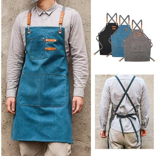 New Fashion Chef Work Apron For Grill Restaurant Cafes Beauty Nails Studios Uniform With Pockets Canvas Kitchen Aprons