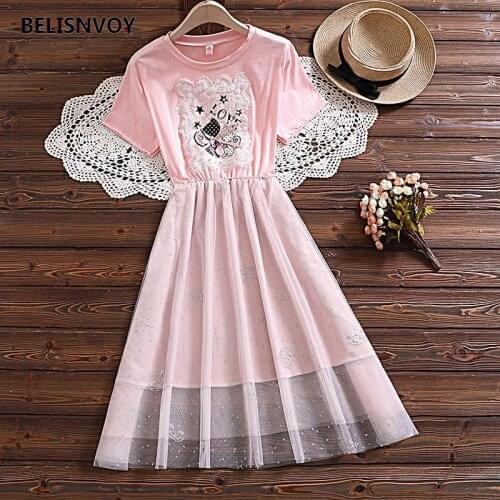 Summer Short Sleeve Dress Women A-line Patchwork Mesh Sweet Dress Elegant Girls Crown Sequined Party Vestidos Streetwear