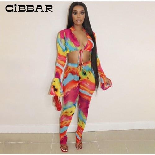 CIBBAR Casual Colorful Two Piece Sets Women Flare Long Sleeve Crop Top+High Waist Slim Long Pants Female Vacation Party Outfits