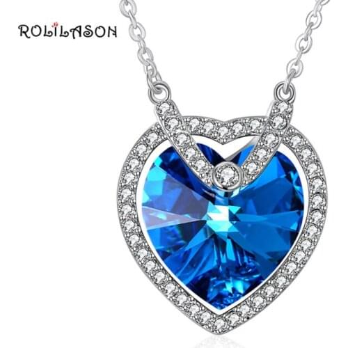 ROLILASON 925 Sterling Silver Blue Zircon Necklace Pendant Classic Gift for Women Anniversary SP67