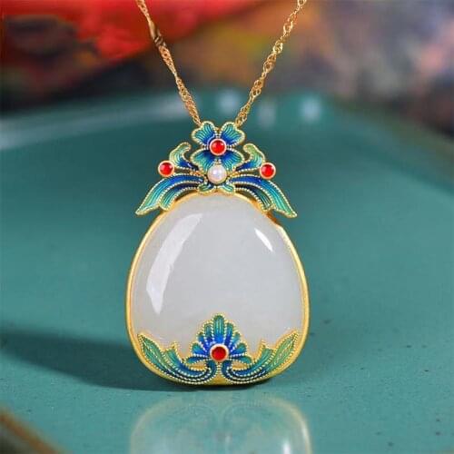 Luxury Jewelry Vintage Colorful Enamel Pendant Necklace With White Natural Stone Womens Wedding Party Chinese Style Accessories