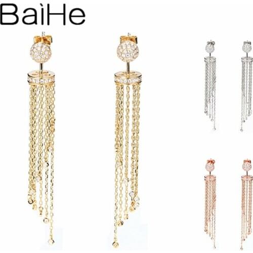 BAIHE Solid 18K White/Yellow/Rose Gold Natural Diamonds Stud Long Earring Tassel Women Girl Anniversary серьги 2020 тренд Trendy