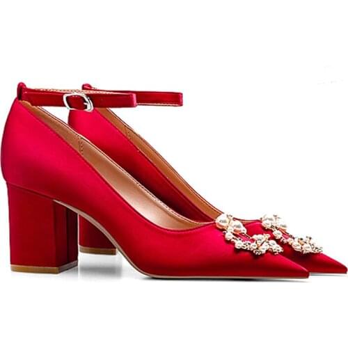 Wedding Shoes Rhinestone Stiletto Party Dress Bride Shoes Toast Chinese Style Red High Heels Elegant Silk Womens Pumps Size33-42