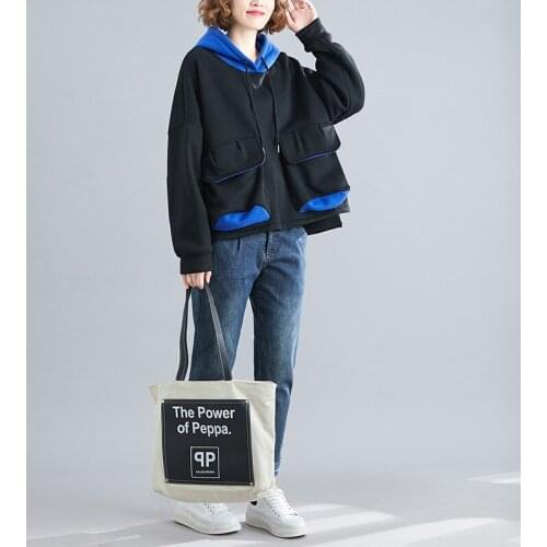 Hoodies Women 2021 Autumn Winter Literary Long Sleeve Pockets Stitching Loose Hooded Fleece Female Casual Coat