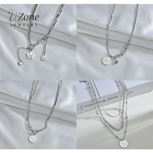 Uzone Trendy Stainless Steel Heart Star Round Pendant Necklace Multi-layer Chain Necklaces For Women Girlfriend Lucky Gift
