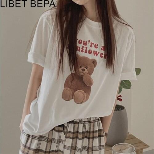 New 2021 Summer Women T-Shirts Fashionable Streetwear Printed Bear Bottoming Korean Vintage Cute Oversize Wild Lady Tops T2217