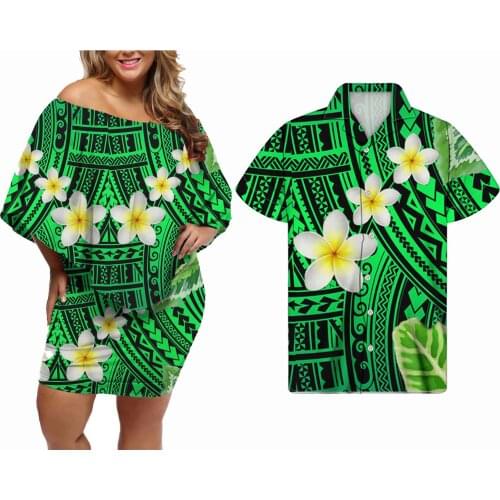 Hycool Polynesian Tribal Women Green Bodycon Dress Summer Women Fashion Off Shoulder Dress Custom Beach Traveling Couple Clothes