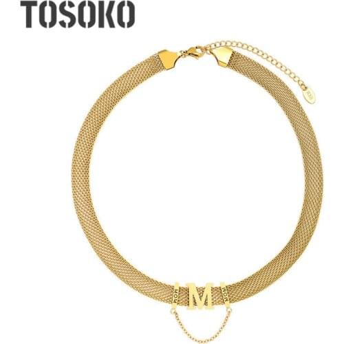 TOSOKO Stainless Steel Jewelry Letter M Tassel Pearl Necklace Women Sweet Collar