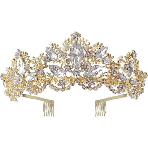 K3ND Golden Baroque Royal Queen Gold Wedding Crown Crystal Princess Tiara Headbands