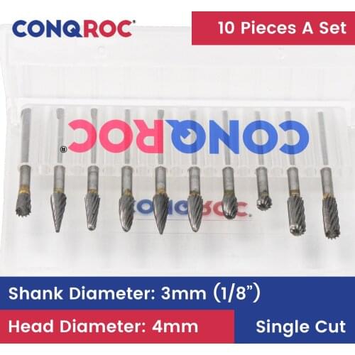 10 Pieces 3x4mm Carbide Rotary Burs Set Single Cut Milling Cutters with 1/8" Shank Grinding Heads Deburring Tool for Dremel