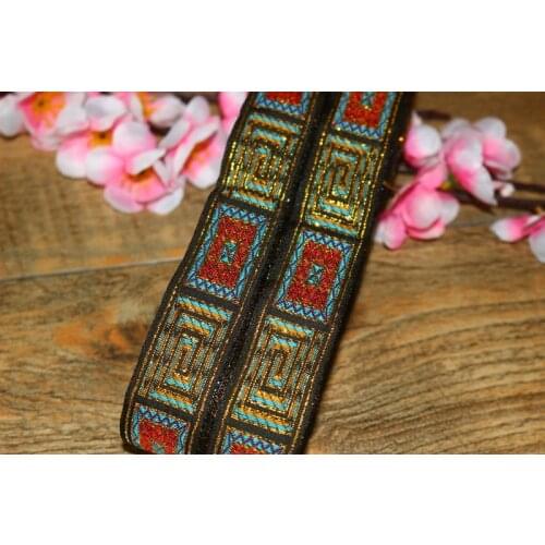 10yards/lots Woven Jacquard Ribbon 2.5cm black background multicolor with gold thread Geometric pattern IS-2947
