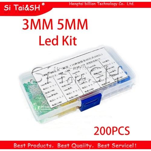 200PC 3MM 5MM each 20pcs Led Kit Mixed Color Red Green Yellow Blue White Light Emitting Diode Assortment with free Box