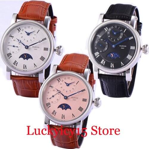 3 models 42mm Hand Winding Mens Watch Moon Phase With Roman Numbers GMT Function