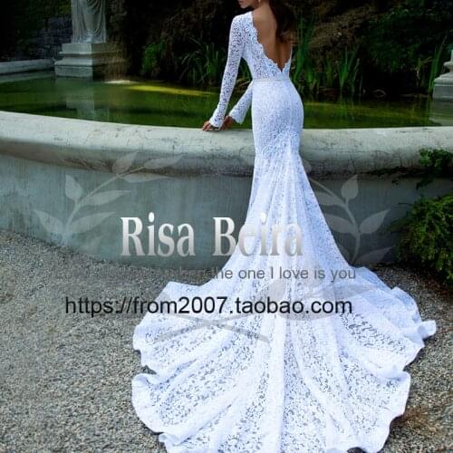 Free shipping new 2015 romantic fashionable casamento long sleeve vestidos sexy backless mermaid lace wedding dress Bridal Gown
