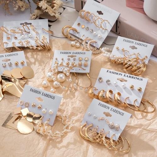 BFH Womens Earrings Pearl Earrings Set For Women Fashion Drop Jewelry 2021 Bohemian Geometric Crystal Heart Hoop Stud Earrings