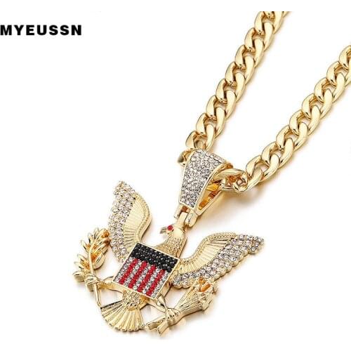 Bald Eagle badge necklace&Pendant Charm Animal Chain Necklace Gold color Iced Out Crystal Cuban chain Men Hip Hop Jewelry gift