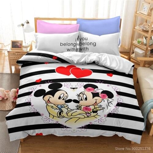 Black Stripes Bedding Set Queen King Size Cute Mickey & Minnie Mouse Duvet Cover / Comforter Cover Set Home Textile Wedding Gift