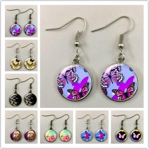 Beautiful butterfly flying flower magic butterfly glass cabochon ladies earrings small jewelry fashion ladies earrings gifts